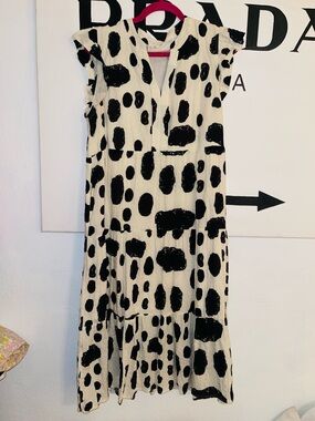 JODFIL MIDI Black and Cream Polka Dot Tiered Dress